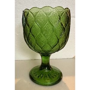 Vintage Emerald Green Glass Lattice Style Pedestal Planter Pressed Glass ￼